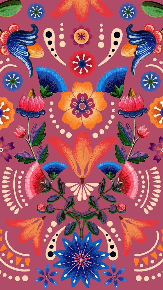 Colorful traditional flower phone wallpaper, vintage pattern background