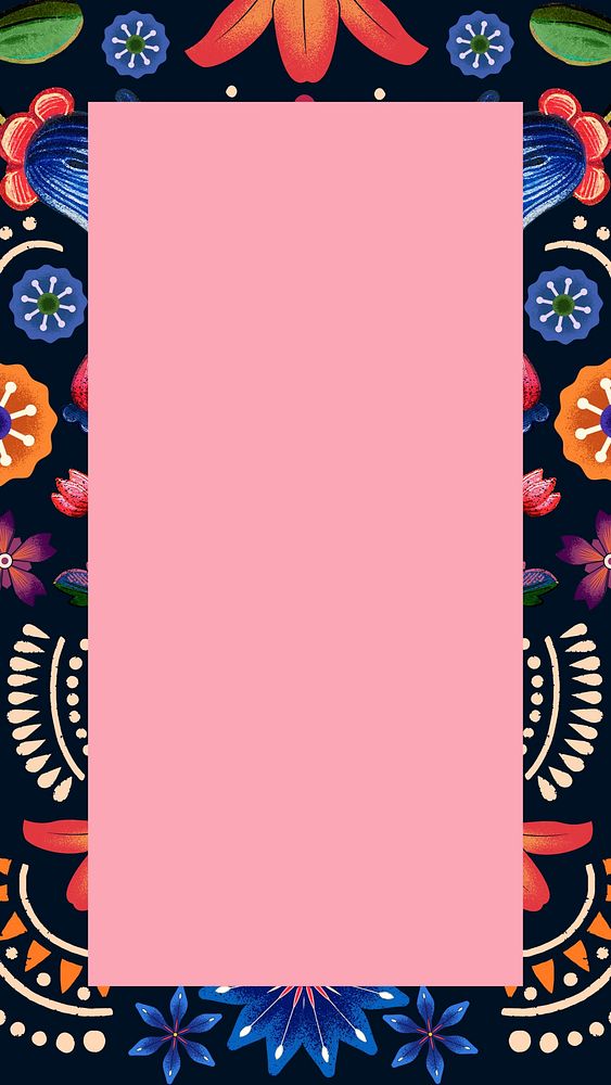 Colorful traditional flower phone wallpaper, vintage pattern frame background
