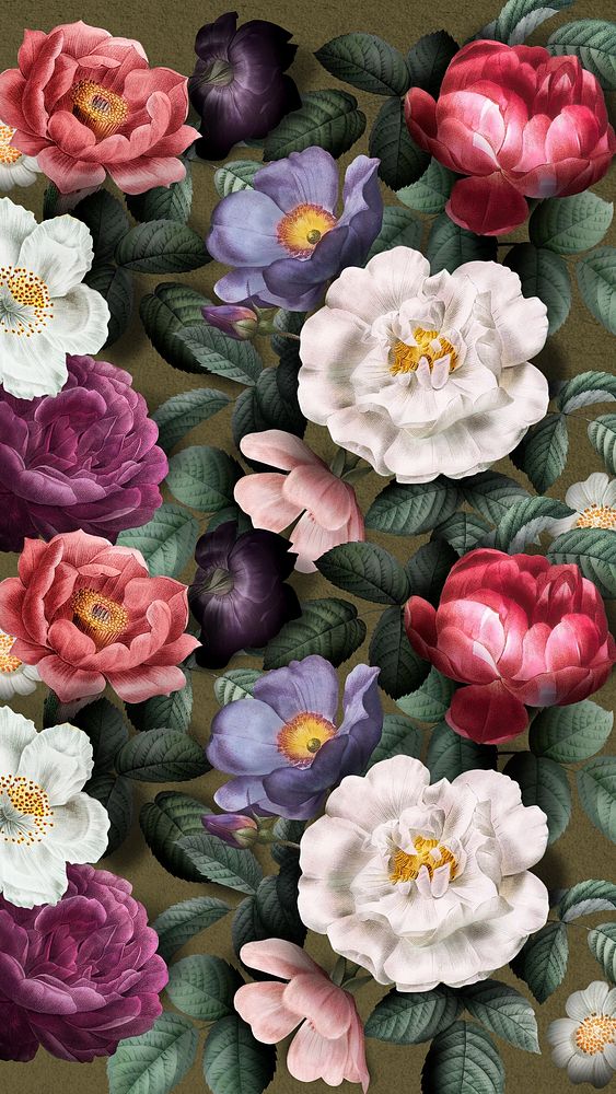 Vintage flower pattern mobile wallpaper, aesthetic watercolor botanical illustration