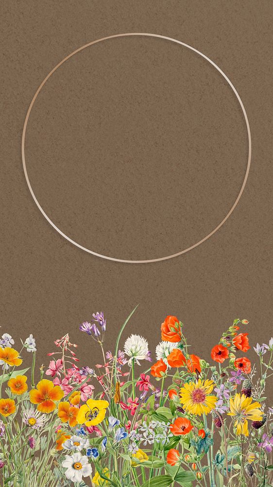Round gold frame mobile wallpaper, Spring flower border illustration