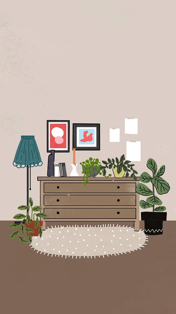 Room with dresser mobile wallpaper, aesthetic illustration
