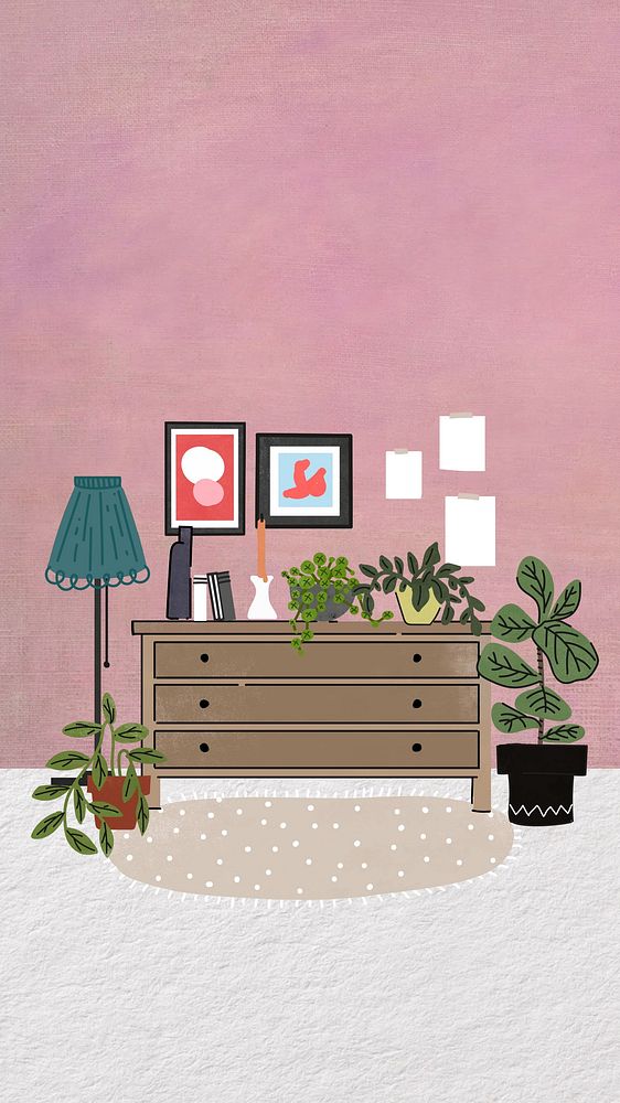 Room with dresser mobile wallpaper, aesthetic illustration
