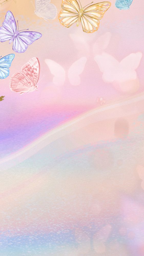 Dreamy butterfly pastel phone wallpaper, colorful holographic background