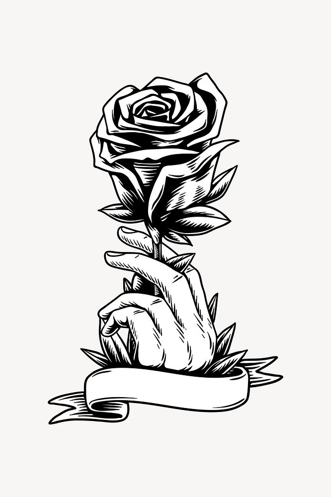 Hand holding rose element, black & white design vector