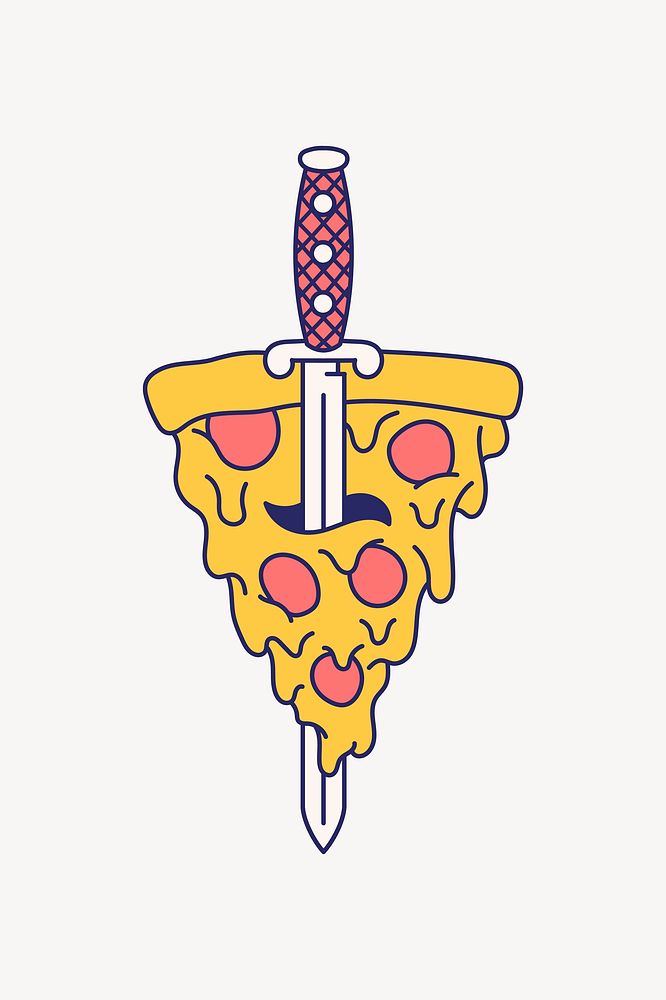 Sword through pizza, food illustration vector