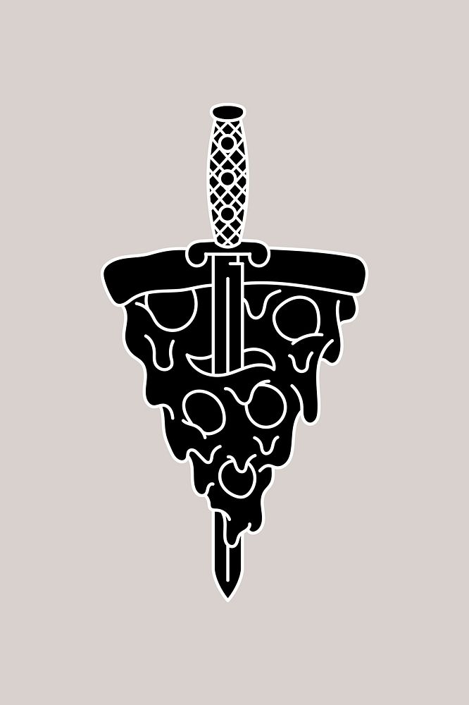 Sword through pizza, food illustration vector