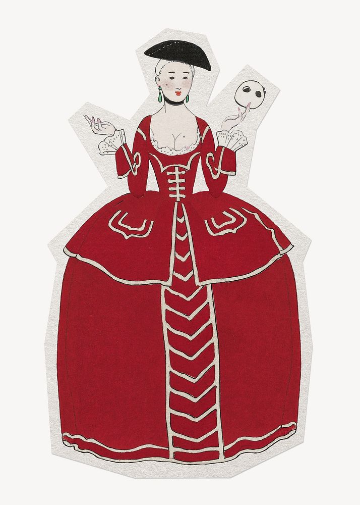 Vintage red dress woman paper element with white border 