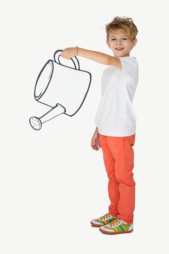 Boy holding watering can collage element psd