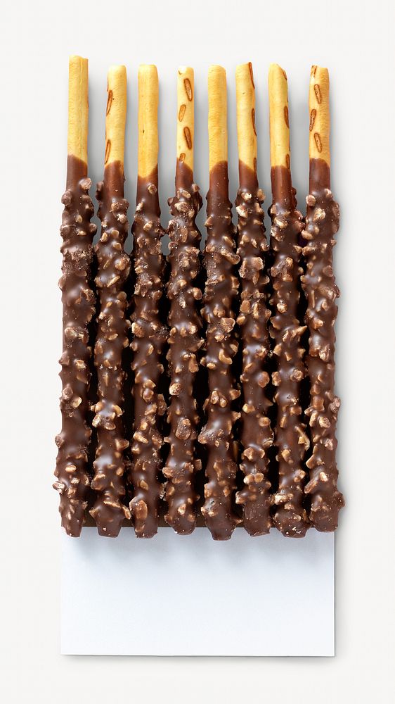Chocolate coated bread sticks isolated image