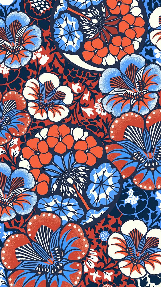 Batik flower patterned iPhone wallpaper, red and blue botanical background