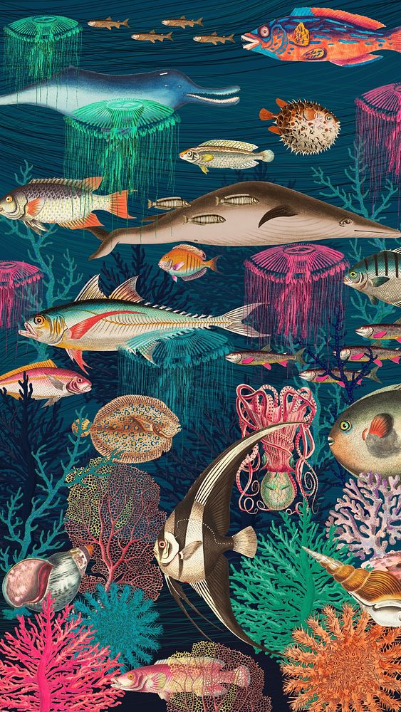 Vintage underwater patterned mobile wallpaper, marine life background