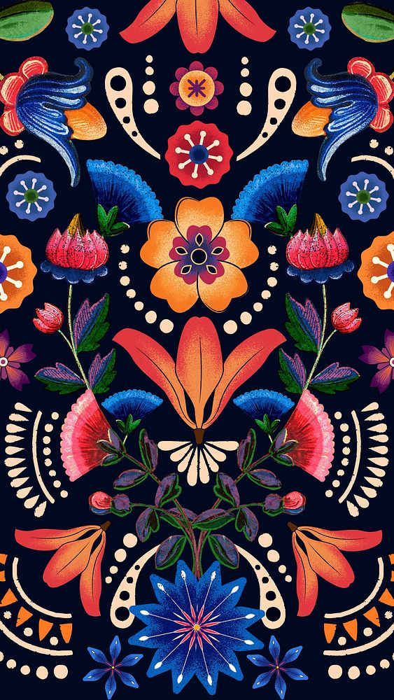 Colorful traditional flower phone wallpaper, vintage pattern background