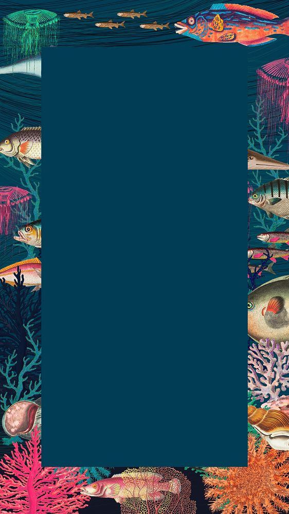 Vintage underwater patterned mobile wallpaper, marine life frame background psd