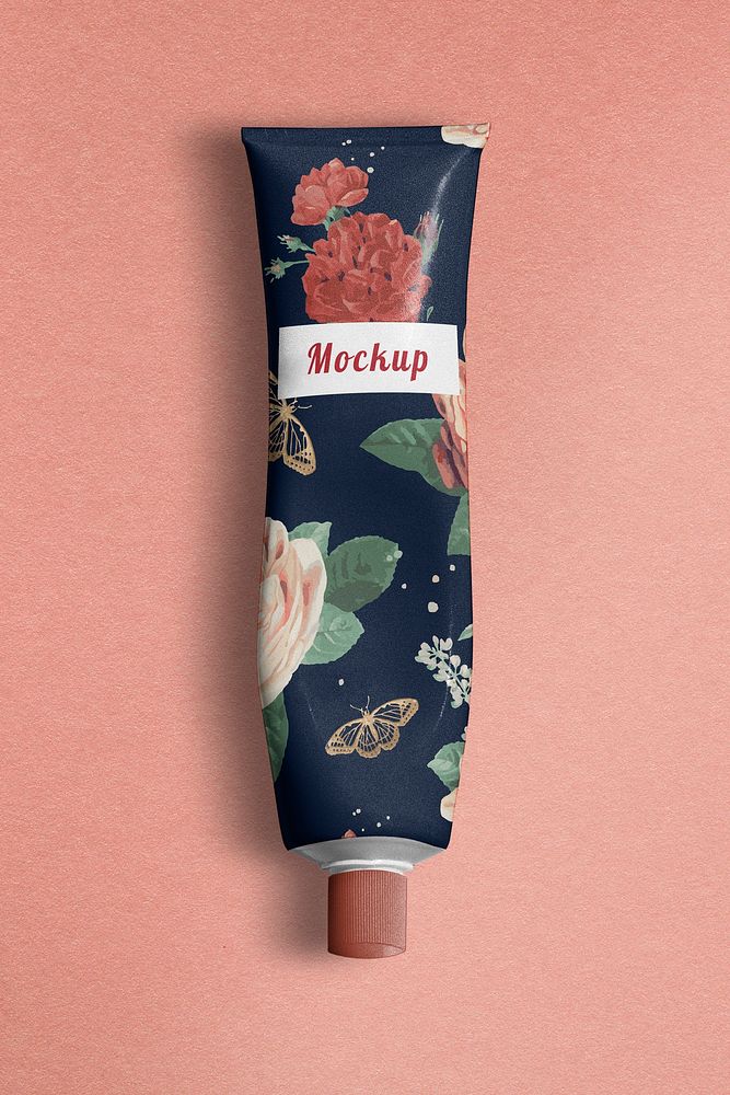Cosmetic tube mockup, floral psd product packaging design