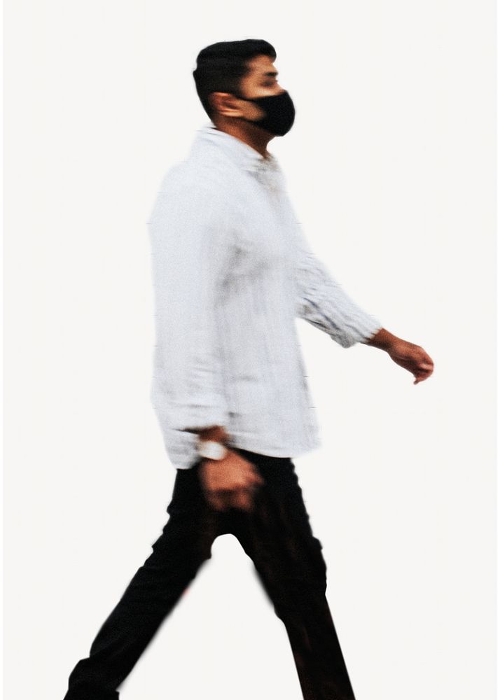 Man wearing black face mask while walking collage element