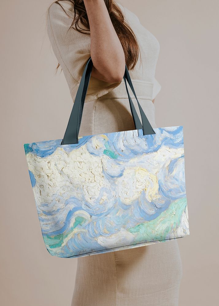 Leather bag mockup, editable Van Gogh's Wheat Field with Cypresses cloud psd, remixed by rawpixel