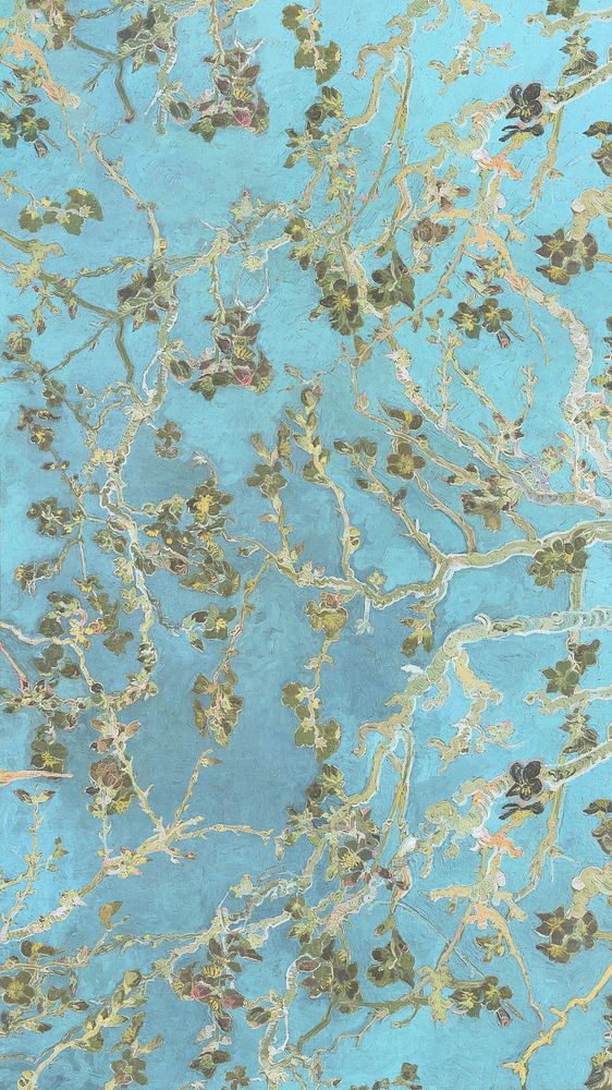 Aesthetic blue flower mobile wallpaper, Van Gogh's Almond blossom, famous painting, remixed by rawpixel