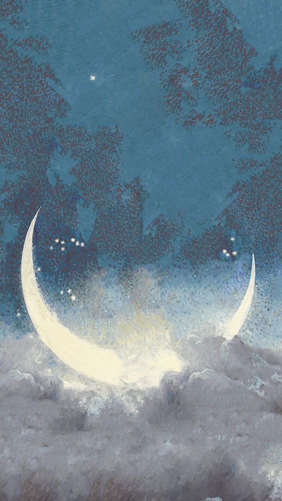 Crescent moon mobile wallpaper, Edwin Blashfield's Spring Scattering Stars artwork, remixed by rawpixel