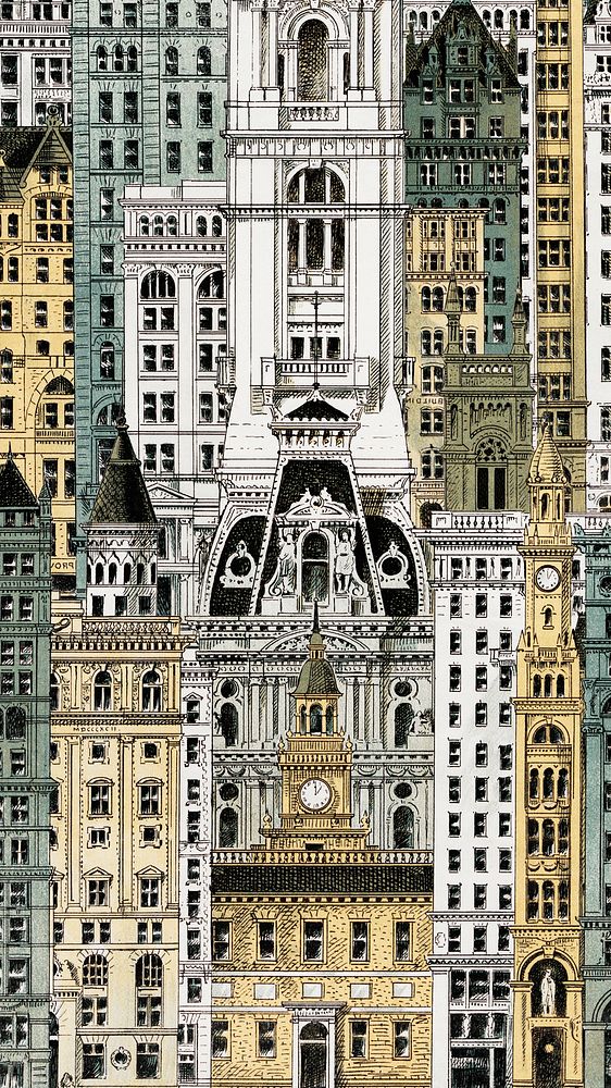 City architecture iPhone wallpaper. Vintage art remixed by rawpixel.