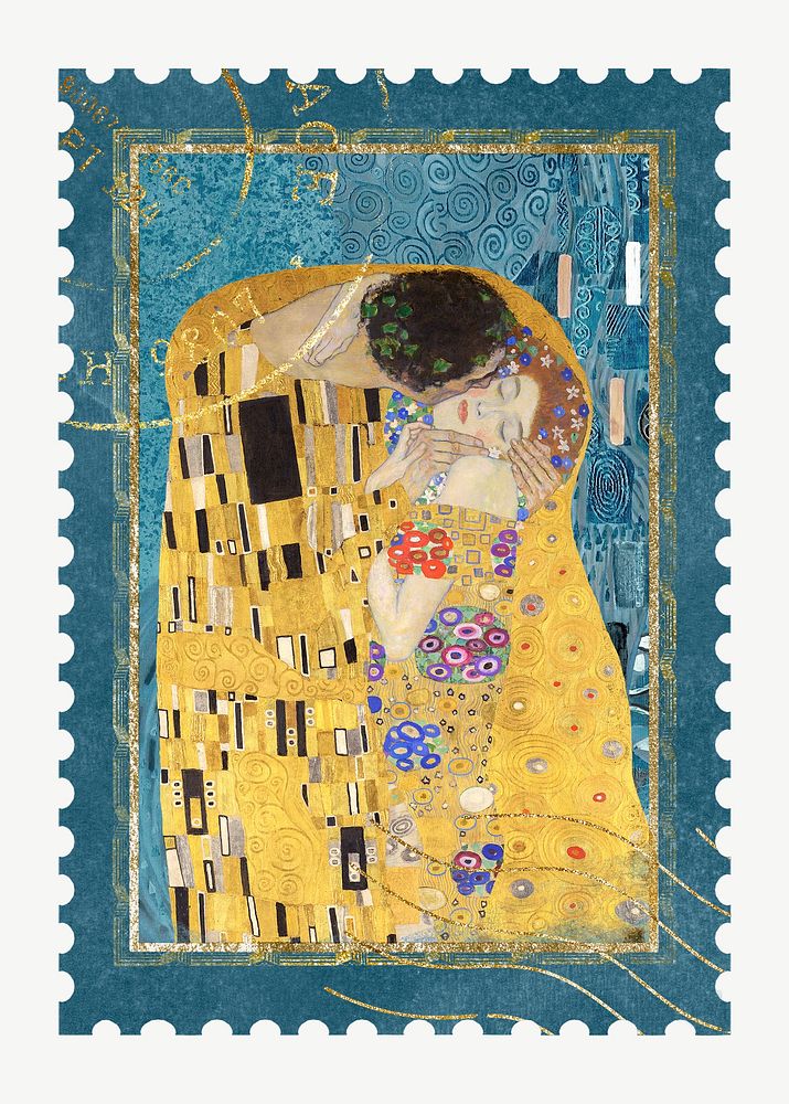 The Kiss postage stamp, Gustav Klimt's famous artwork psd, remixed by rawpixel
