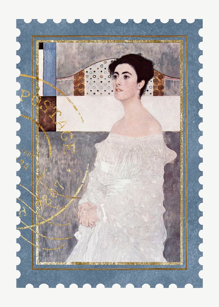 Gustav Klimt's postage stamp, Portrait of Margaret Stonborough-Wittgenstein artwork psd, remixed by rawpixel