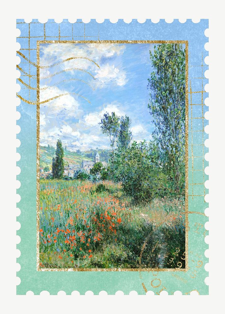 Monet nature postage stamp element psd. Famous art remixed by rawpixel.