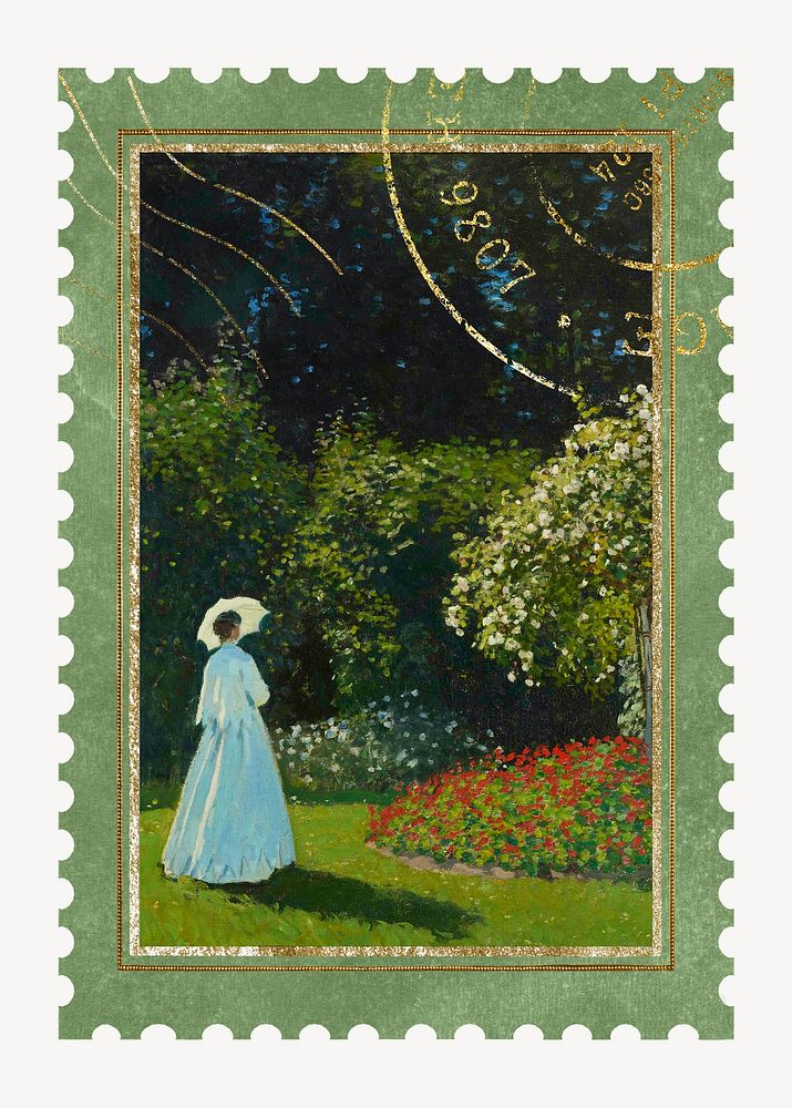 Woman in garden  artwork postage stamp. Claude Monet artwork, remixed by rawpixel.