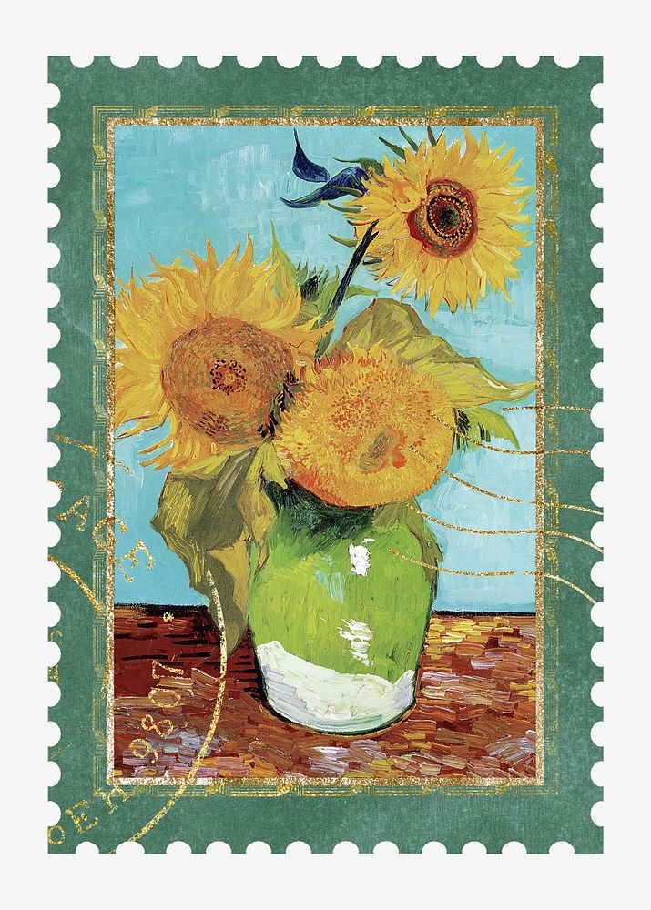 Van Gogh's postage stamp, Vase with Three Sunflowers postage stamp psd, remixed by rawpixel