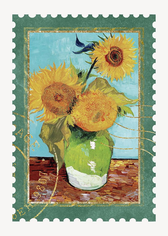 Van Gogh'sVase with Three Sunflowers postage stamp, remixed by rawpixel