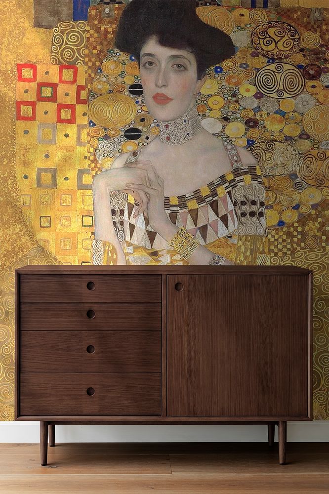 Wall mockup, Gustav Klimt's Portrait of Adele Bloch-Bauer I, famous painting design, remixed by rawpixel
