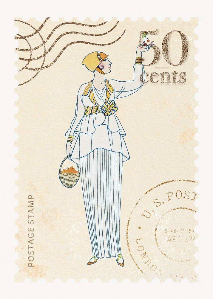 Vintage postage stamp with flapper jazz fashion illustration, remixed by rawpixel