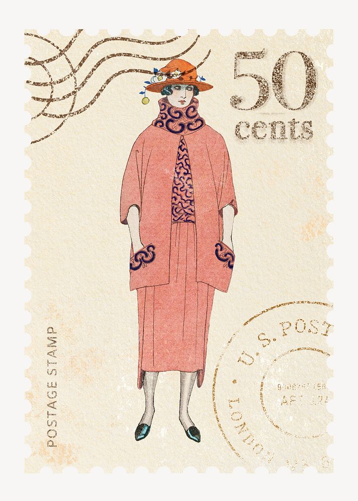 Vintage postage stamp with flapper jazz fashion illustration, remixed by rawpixel