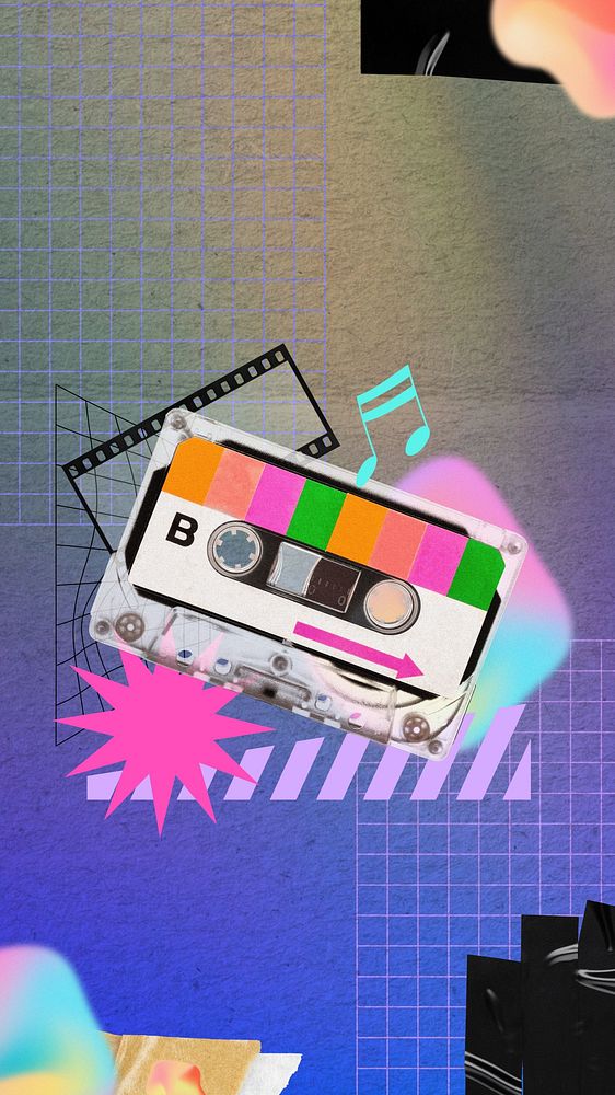 Colorful cassette tape iPhone wallpaper, music collage