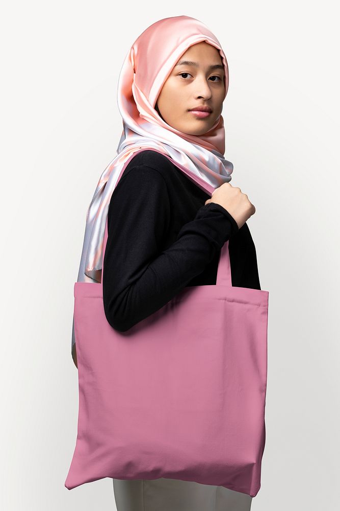Pink tote bag mockup, eco product psd