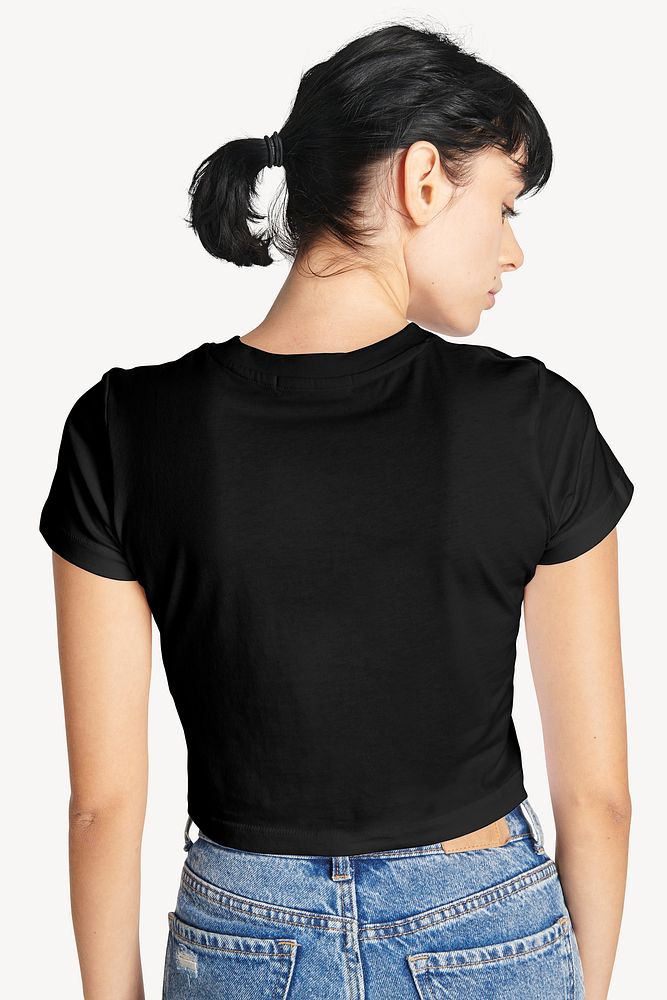 Woman in a black t-shirt rear view