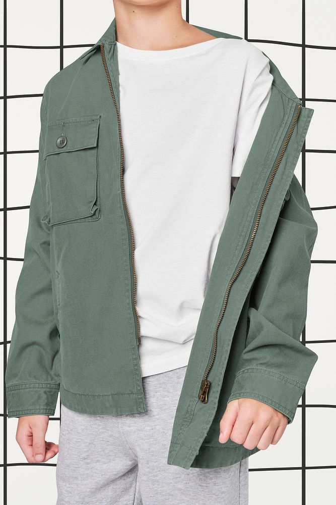 Boy's green jacket mockup psd in studio