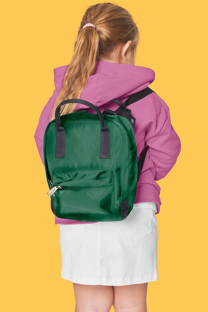Girl's green school bag mockup psd in studio