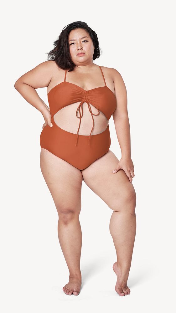 Plus-size woman in swimwear mockup psd