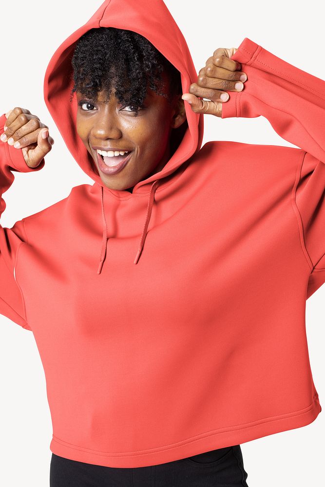 Women&rsquo;s red hoodie psd mockup winter fashion studio shoot