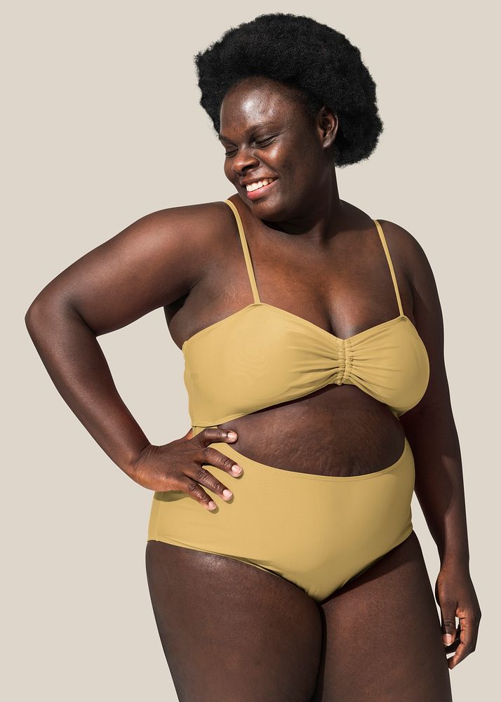 Yellow bikini mockup psd on African American woman