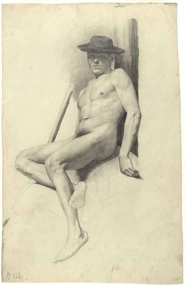 Seated male nude with hat by Gustav Klimt