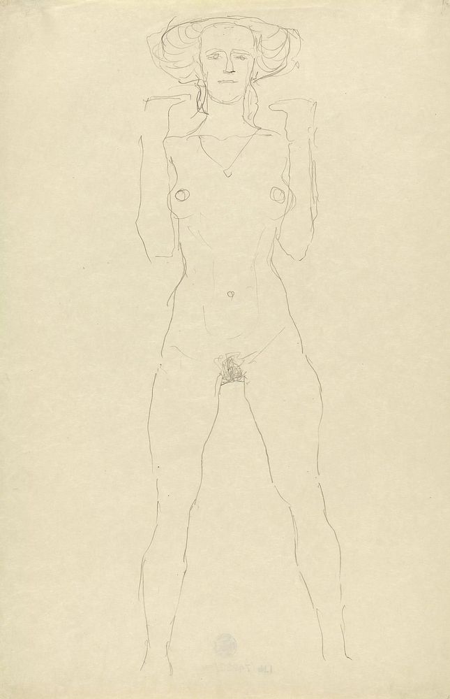Standing female nude with straddled legs and bent arms by Gustav Klimt