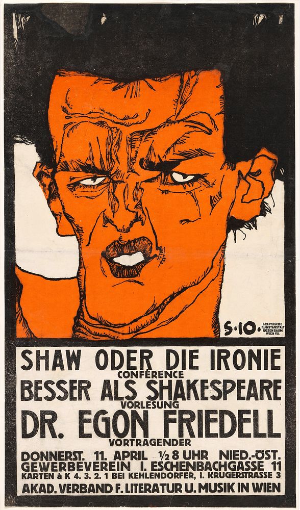 Poster "Shaw oder die Ironie" - Lecture by Egon Friedell by Egon Schiele