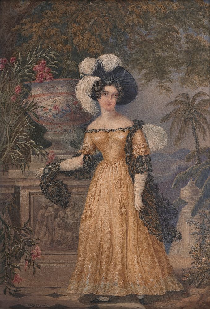 Lady Rowe, Standing Small Full Length on a Terrace, a Moonlit Jamaican Landscape beyond