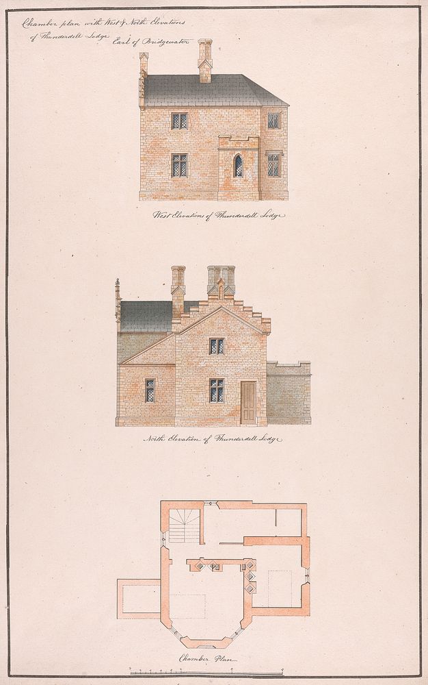 Chamber Plan with West and North Elevations of Thunderdell Lodge