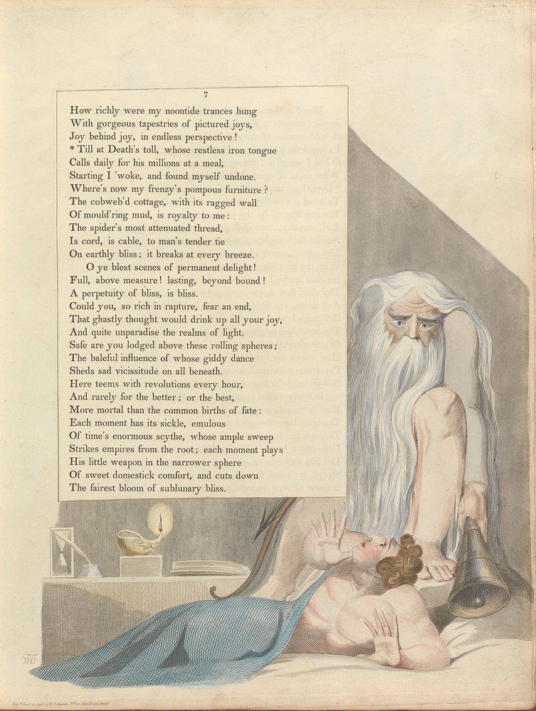 Young's Night Thoughts, Page 7, "Till at Death's toll, whose restless iron tounge" by William Blake.