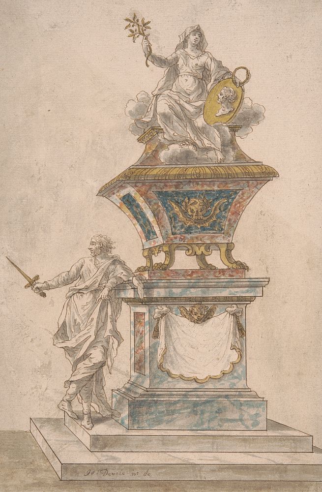 Monument: Peace seated upon an urn, a man with drawn sword standing on the base of the monument