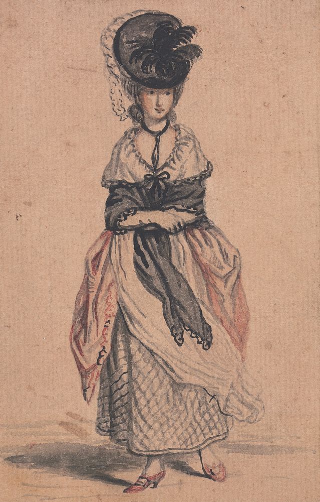 A Lady of Fashion with Black Shawl and Red Shoes