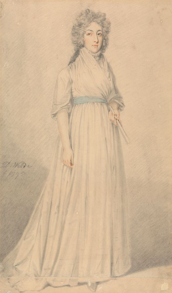 A Lady, full length, Wearing a Blue Sash and Holding a Fan