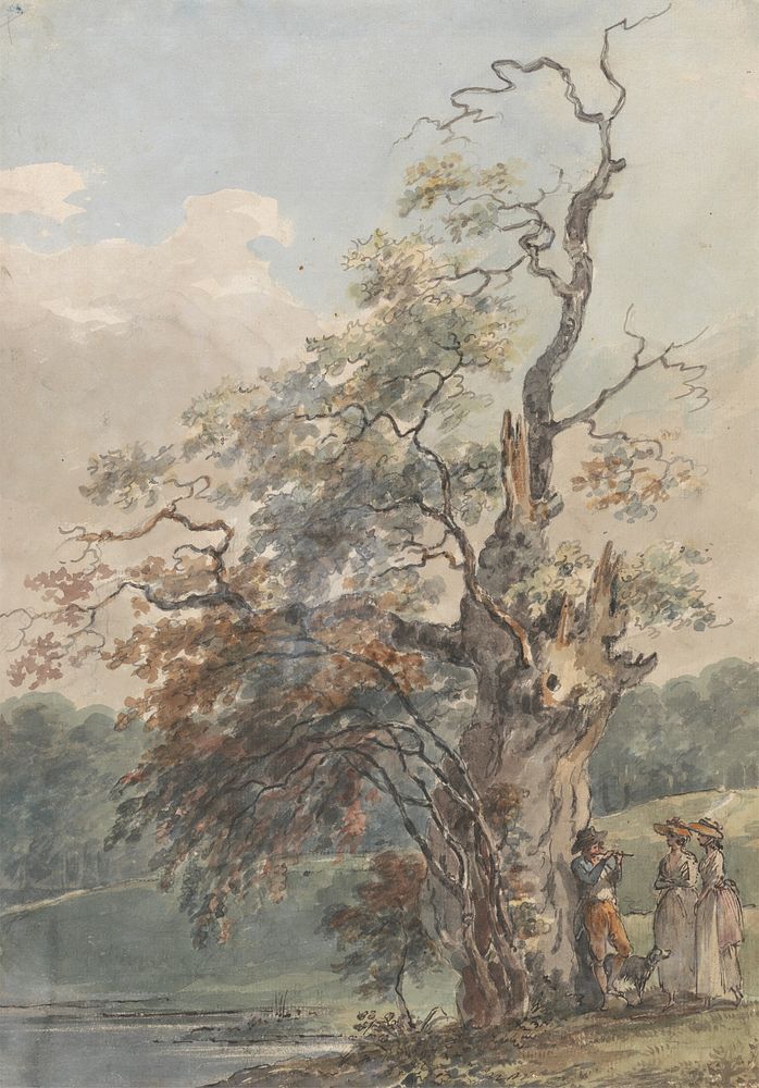 Landscape with a man playing a pipe under an old tree, style of Paul Sandby RA
